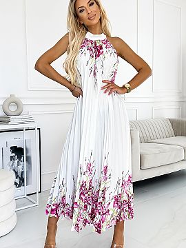 Daydress Numoco  Satin pleated maxi dress with symmetrical floral pattern. Dress made of white fabric with pink flowers. Brand numoco. European production.