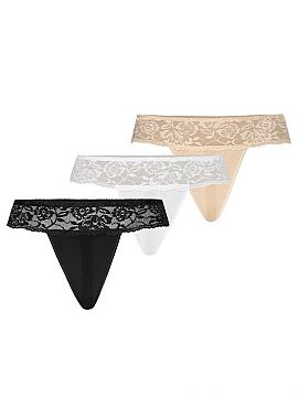 Set Teyli  A trio of women\'s lace thongs in three base colors of black beige and white combined with delicate mesh. The thong in the set is very comfo