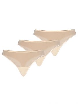 Set Teyli  A trio of classic women\'s thongs in beige. The thong is made of delicate mesh, built-up at the front, at the back a wider strap between the